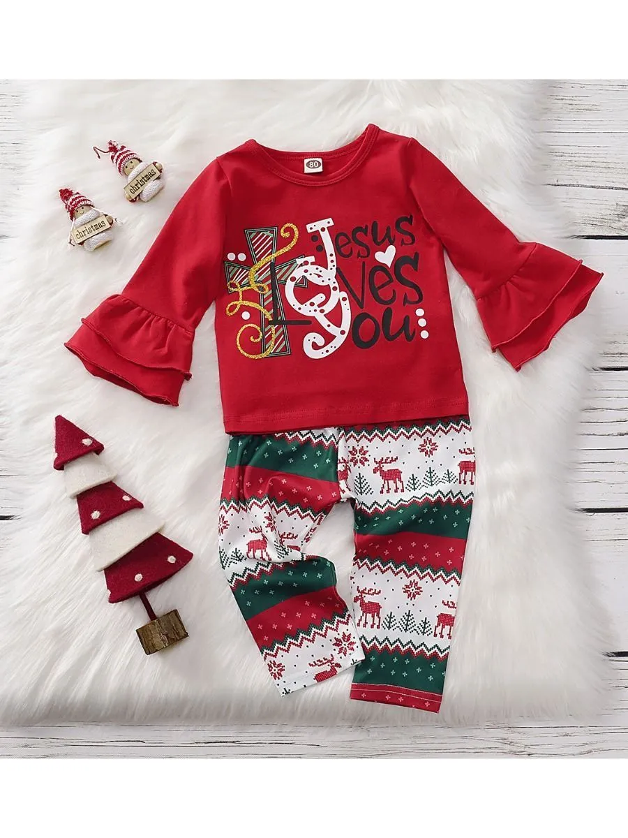 Toddler Girl 2-Piece Jesus Loves You Christmas Outfits Top & Trousers