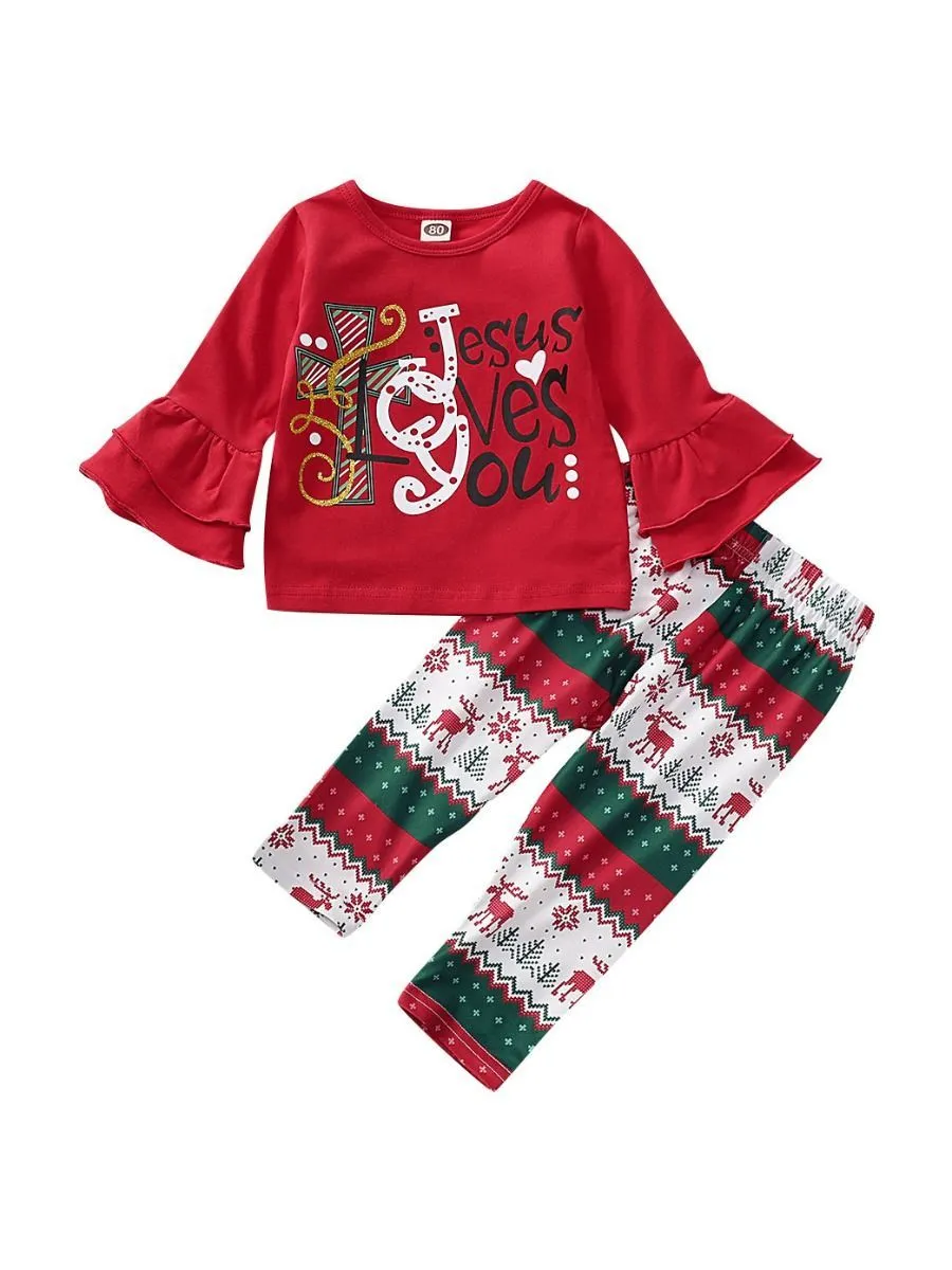 Toddler Girl 2-Piece Jesus Loves You Christmas Outfits Top & Trousers