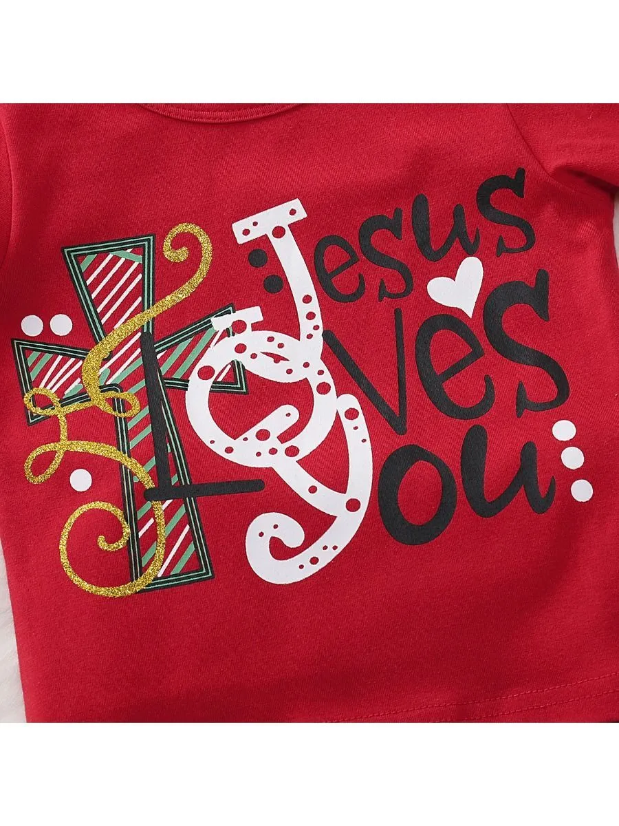 Toddler Girl 2-Piece Jesus Loves You Christmas Outfits Top & Trousers