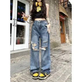 Uniwim joker costume female outfit American-Style Vintage Washed Ripped Wide-Leg Pants Women's Autumn Chic Pants High Waist Jeans Straight Pants