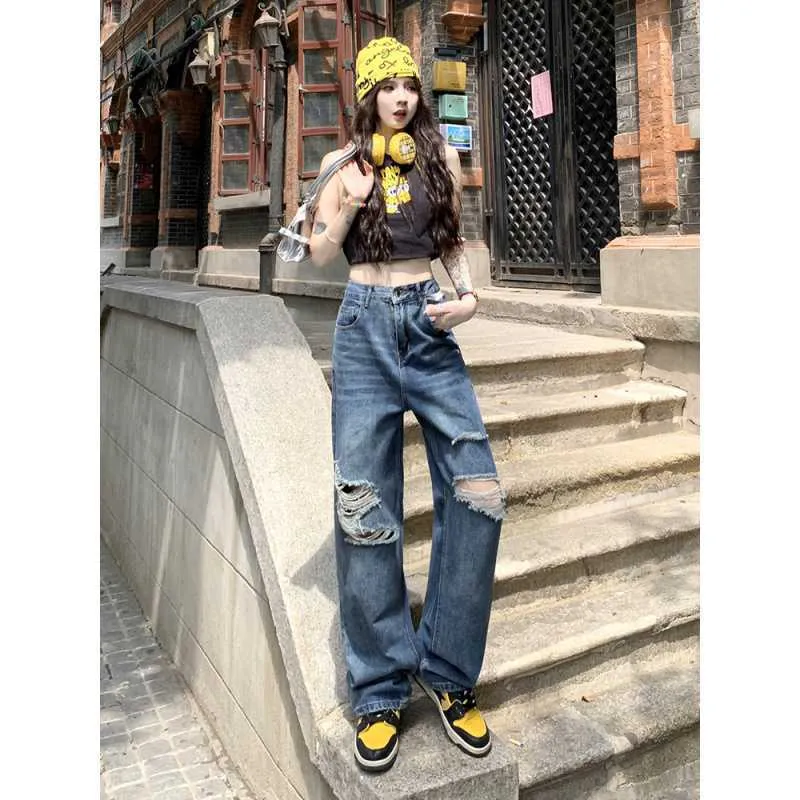 Uniwim joker costume female outfit American-Style Vintage Washed Ripped Wide-Leg Pants Women's Autumn Chic Pants High Waist Jeans Straight Pants