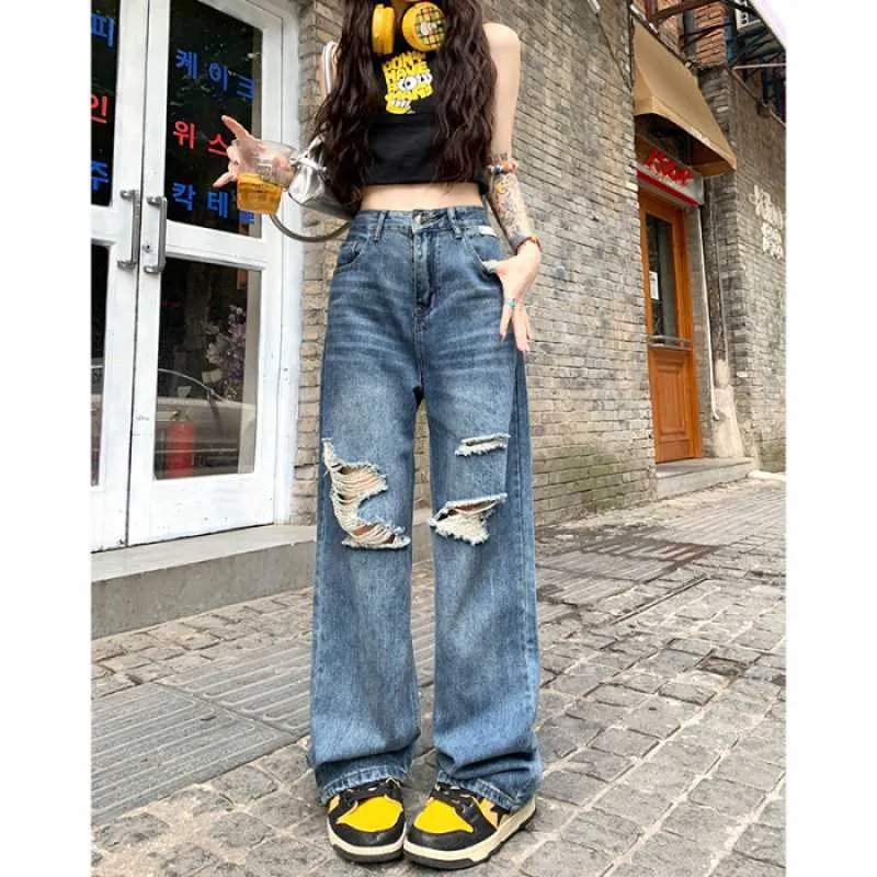 Uniwim joker costume female outfit American-Style Vintage Washed Ripped Wide-Leg Pants Women's Autumn Chic Pants High Waist Jeans Straight Pants