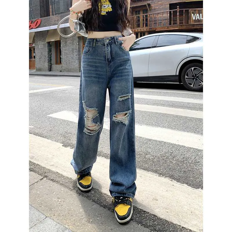 Uniwim joker costume female outfit American-Style Vintage Washed Ripped Wide-Leg Pants Women's Autumn Chic Pants High Waist Jeans Straight Pants