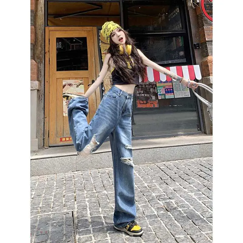 Uniwim joker costume female outfit American-Style Vintage Washed Ripped Wide-Leg Pants Women's Autumn Chic Pants High Waist Jeans Straight Pants