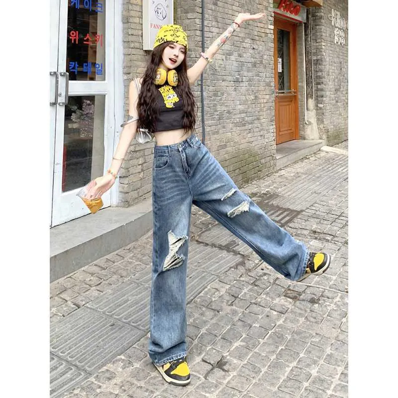 Uniwim joker costume female outfit American-Style Vintage Washed Ripped Wide-Leg Pants Women's Autumn Chic Pants High Waist Jeans Straight Pants