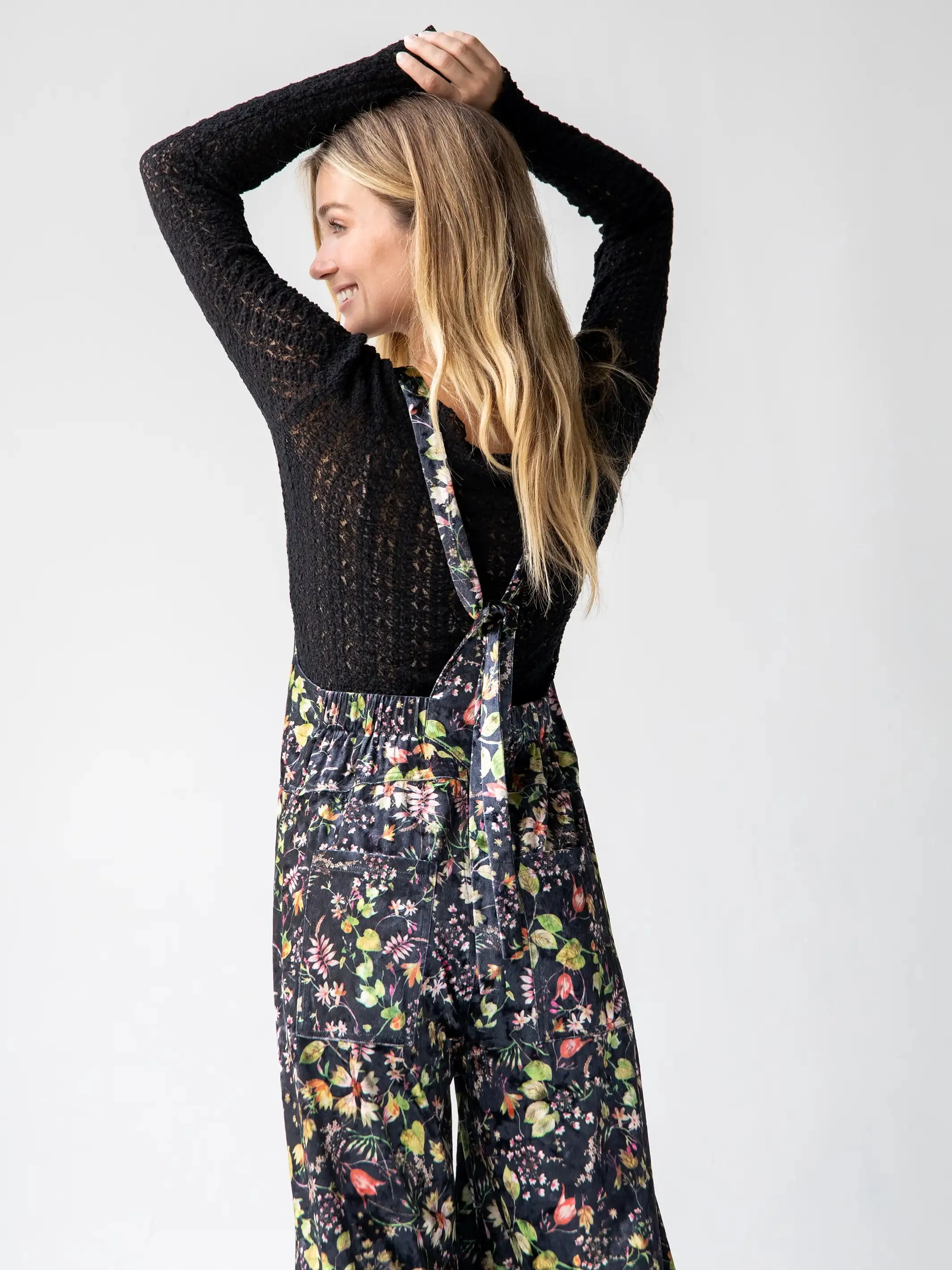 Velvet Dakota Tie Overall - Black Floral Stems