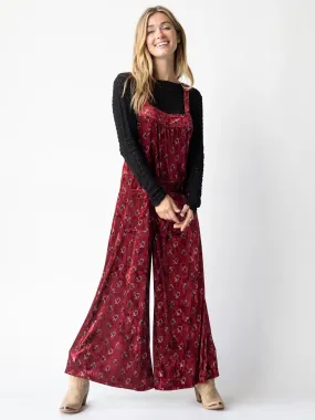 Velvet Dakota Tie Overall - Cranberry Fan Motif