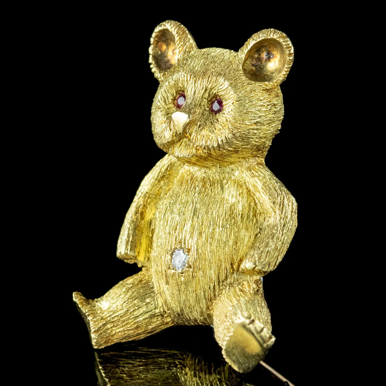 Vintage Diamond Ruby Teddy Bear Brooch 18ct Gold