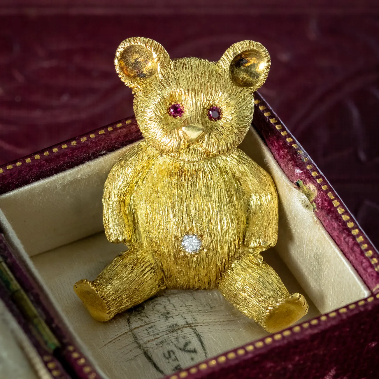 Vintage Diamond Ruby Teddy Bear Brooch 18ct Gold