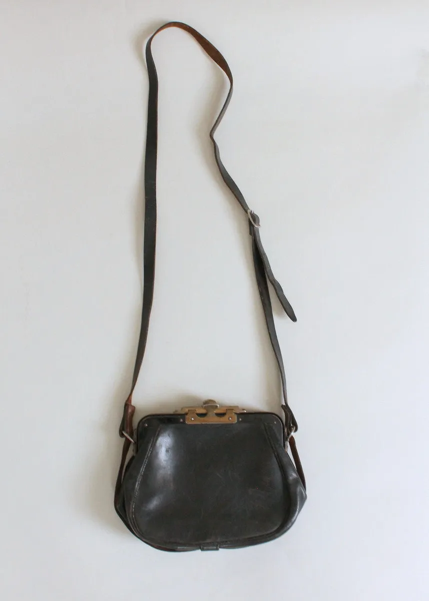 Vintage Edwardian Black Leather Shoulder Bag Purse