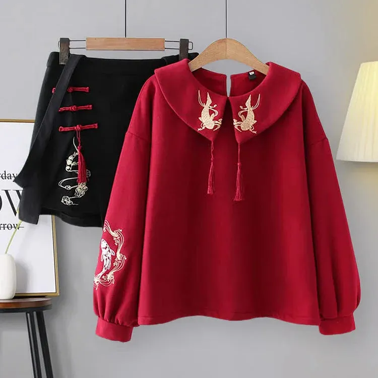 Vintage-Inspired Koi Embroidery Sweatshirt and Skirt Set