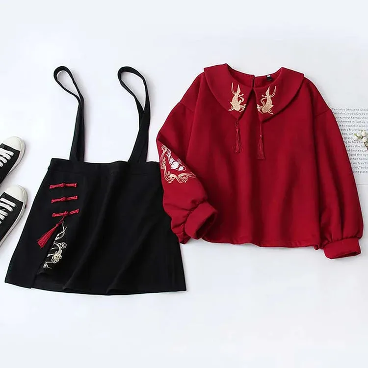 Vintage-Inspired Koi Embroidery Sweatshirt and Skirt Set