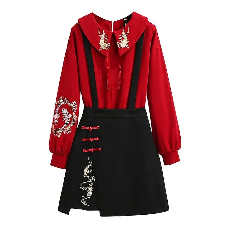 Vintage-Inspired Koi Embroidery Sweatshirt and Skirt Set