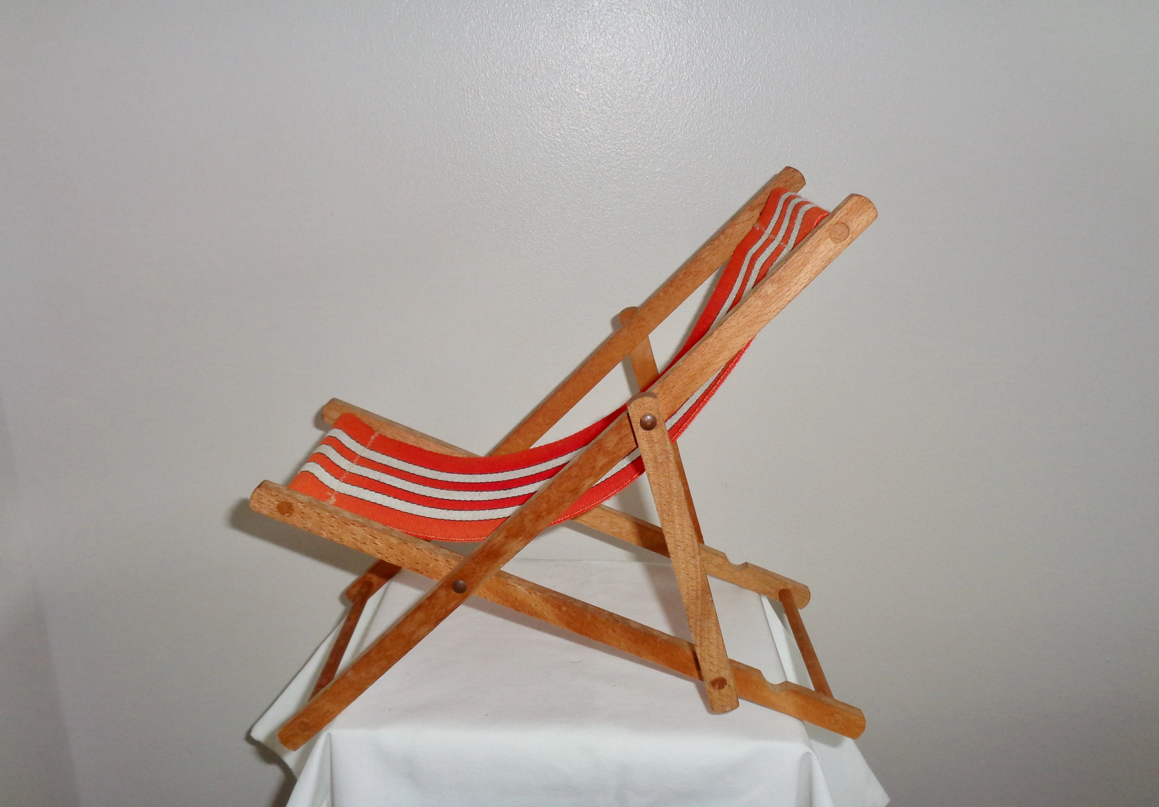 Vintage Miniature Toy Deck Chair Made From Wood & Canvas