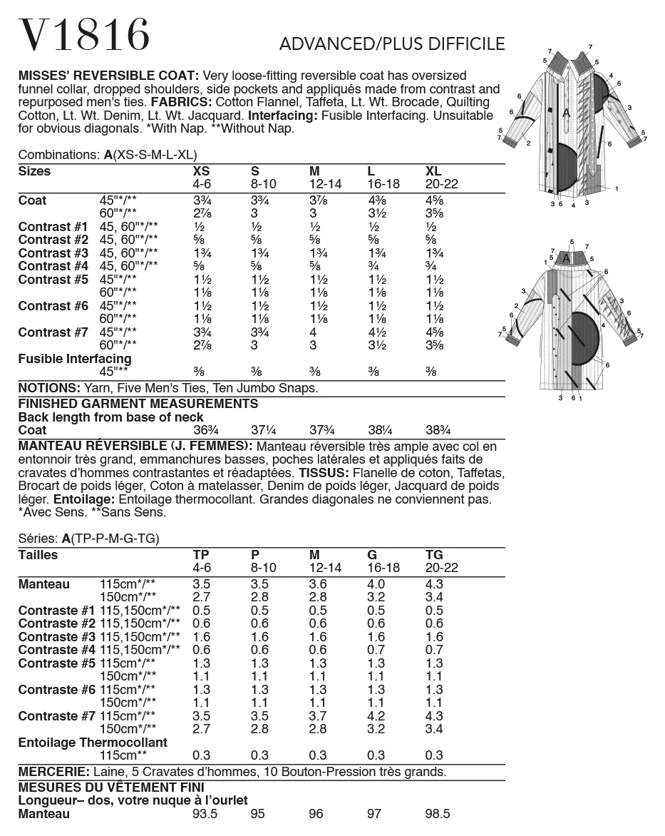 Vogue Pattern V1816  Misses' Reversible Coat