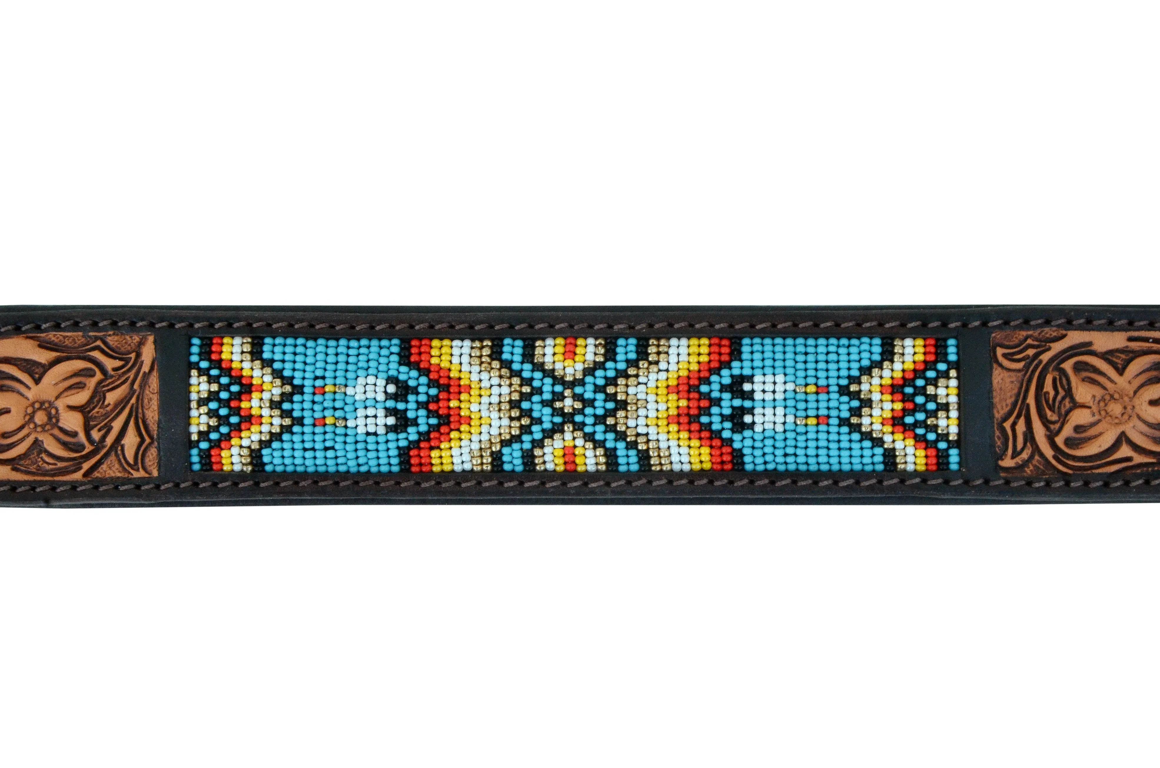 Western Style Beaded and Tooled Leather Dog Collar With Padded Soft Lining 10AB011