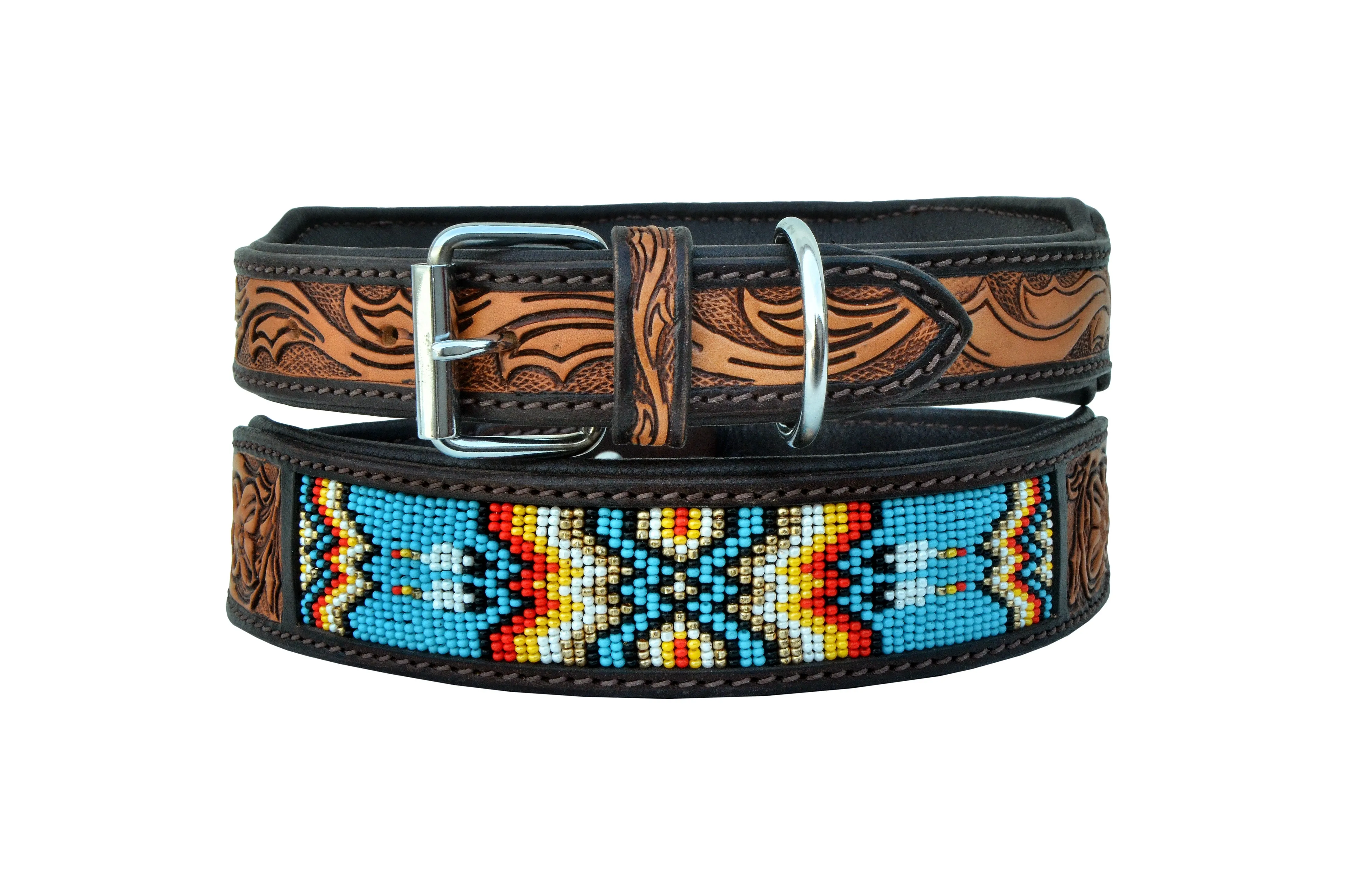 Western Style Beaded and Tooled Leather Dog Collar With Padded Soft Lining 10AB011