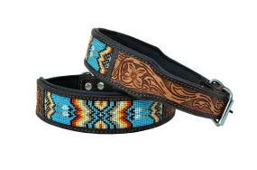 Western Style Beaded and Tooled Leather Dog Collar With Padded Soft Lining 10AB011