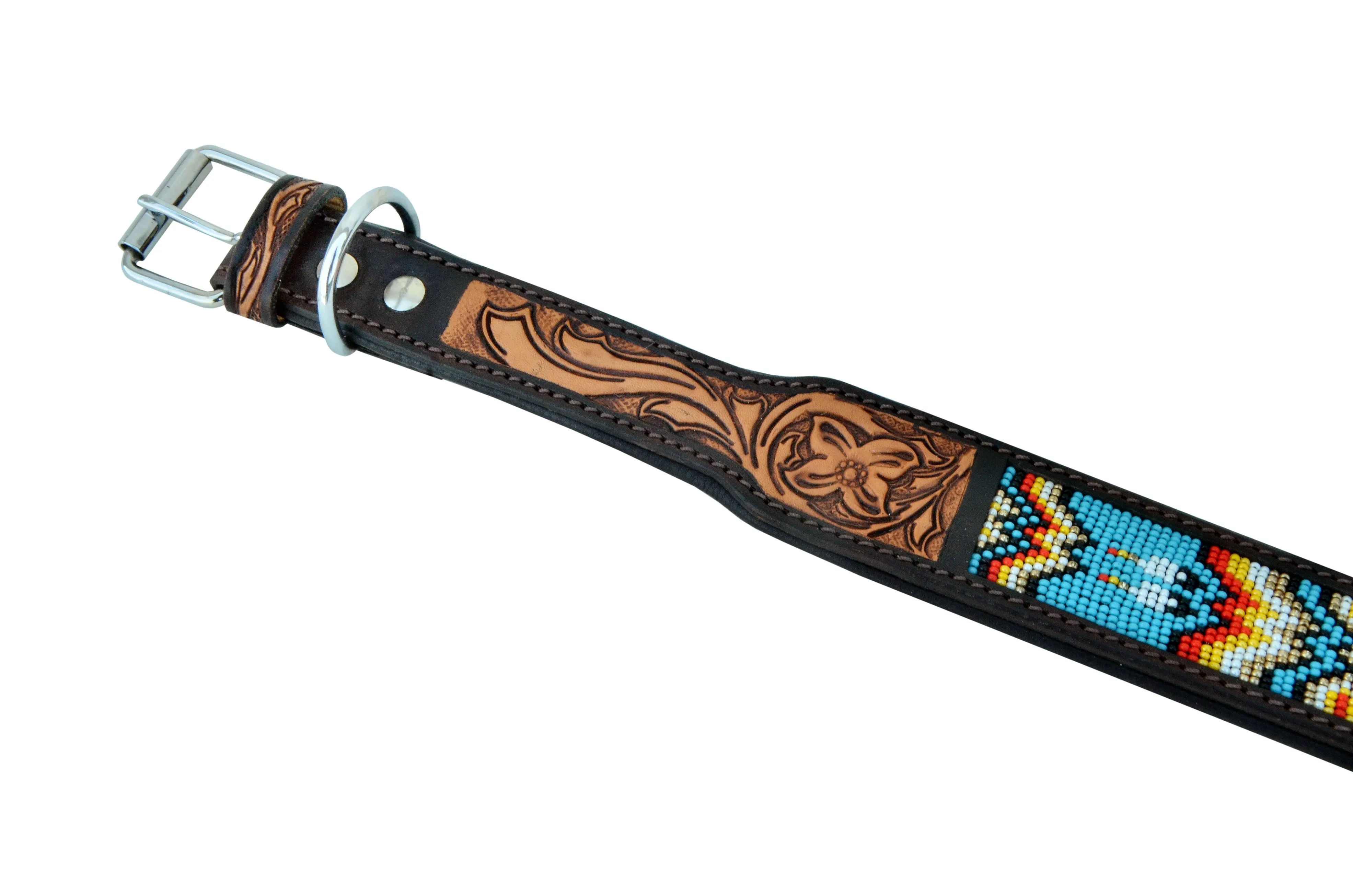 Western Style Beaded and Tooled Leather Dog Collar With Padded Soft Lining 10AB011