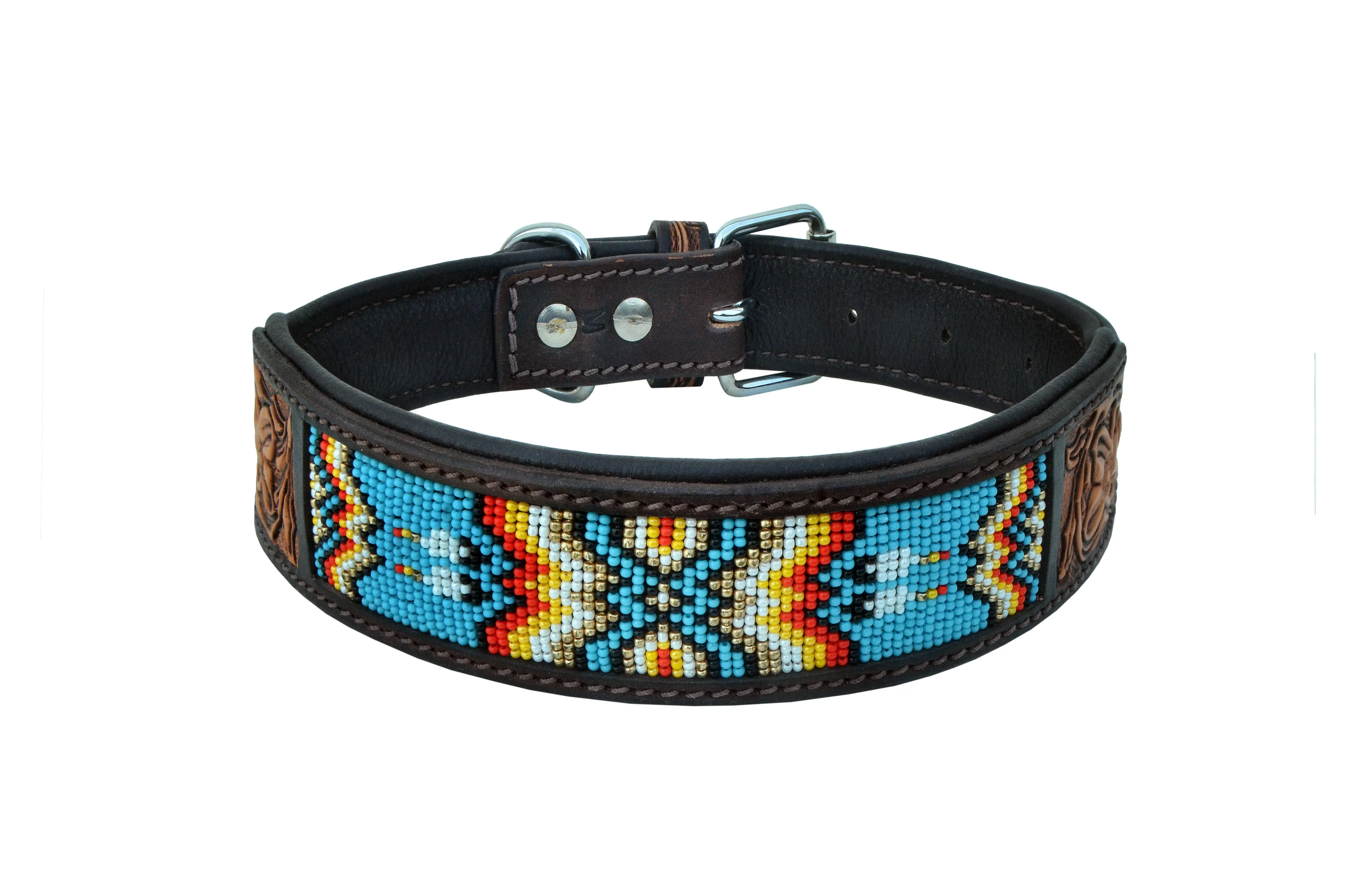 Western Style Beaded and Tooled Leather Dog Collar With Padded Soft Lining 10AB011