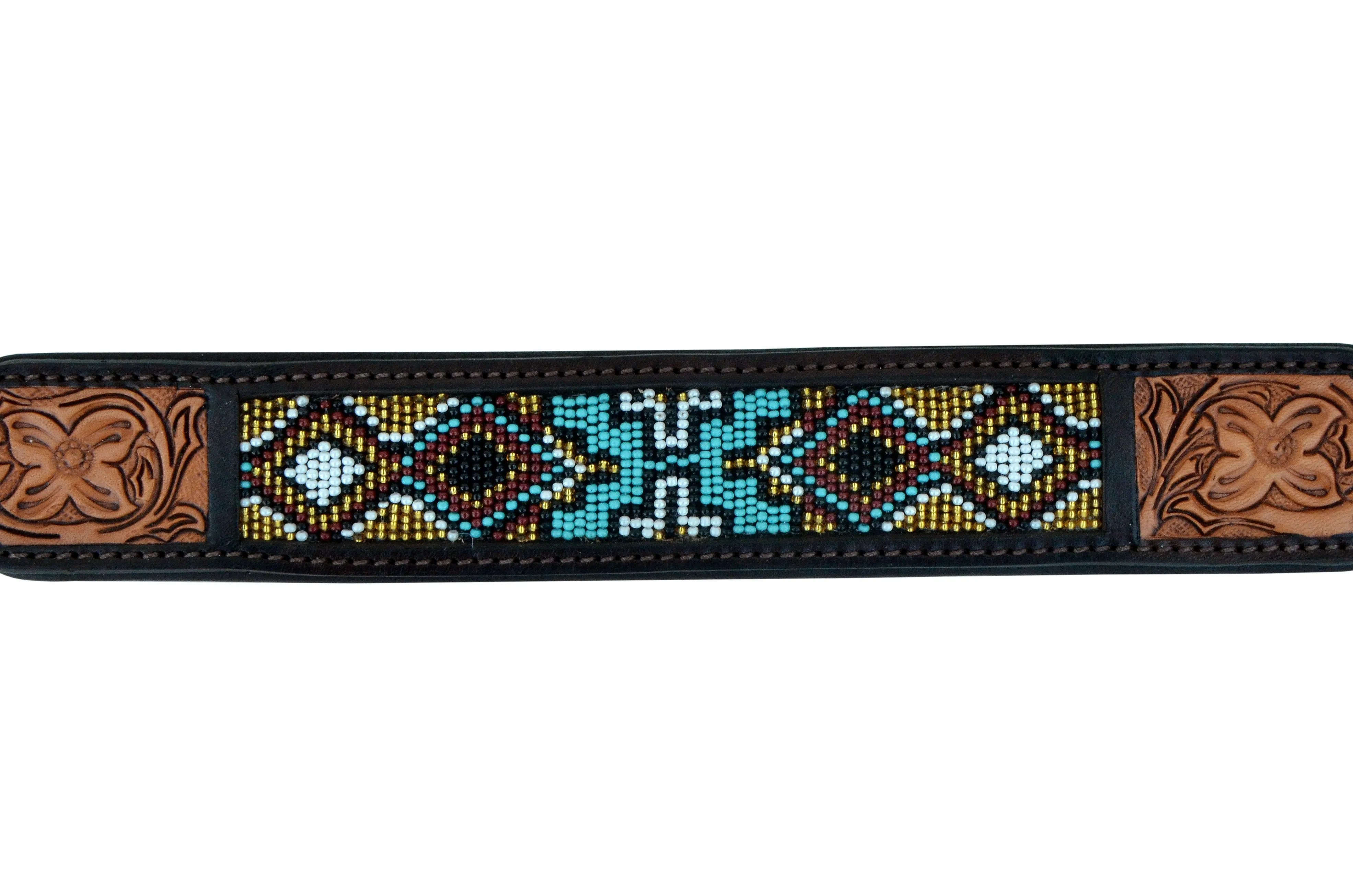 Western Style Beaded and Tooled Leather Dog Collar With Padded Soft Lining 10AB018