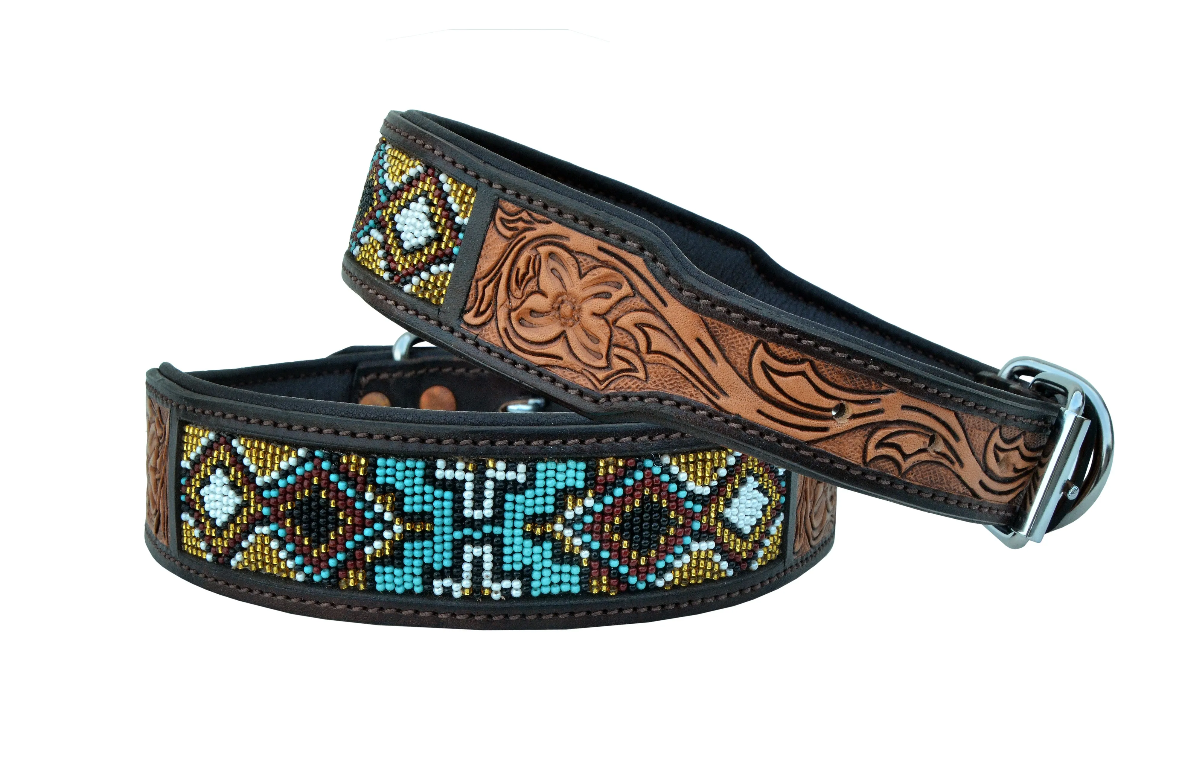 Western Style Beaded and Tooled Leather Dog Collar With Padded Soft Lining 10AB018