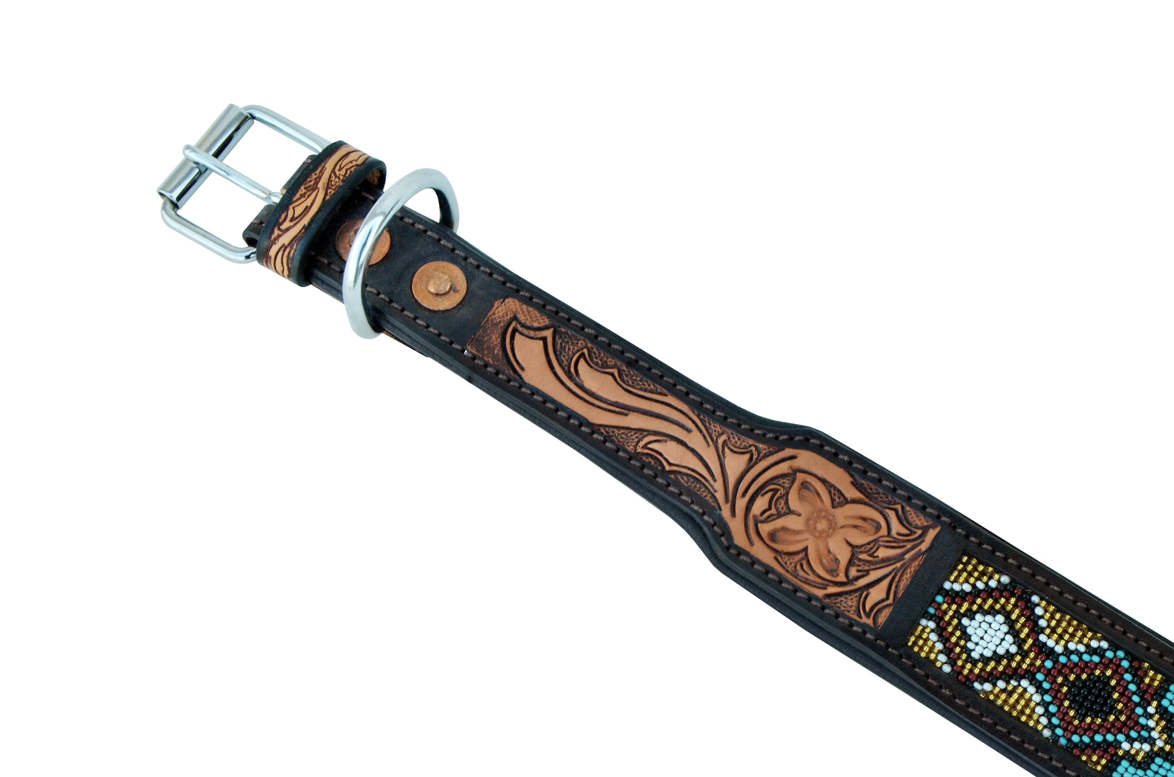 Western Style Beaded and Tooled Leather Dog Collar With Padded Soft Lining 10AB018