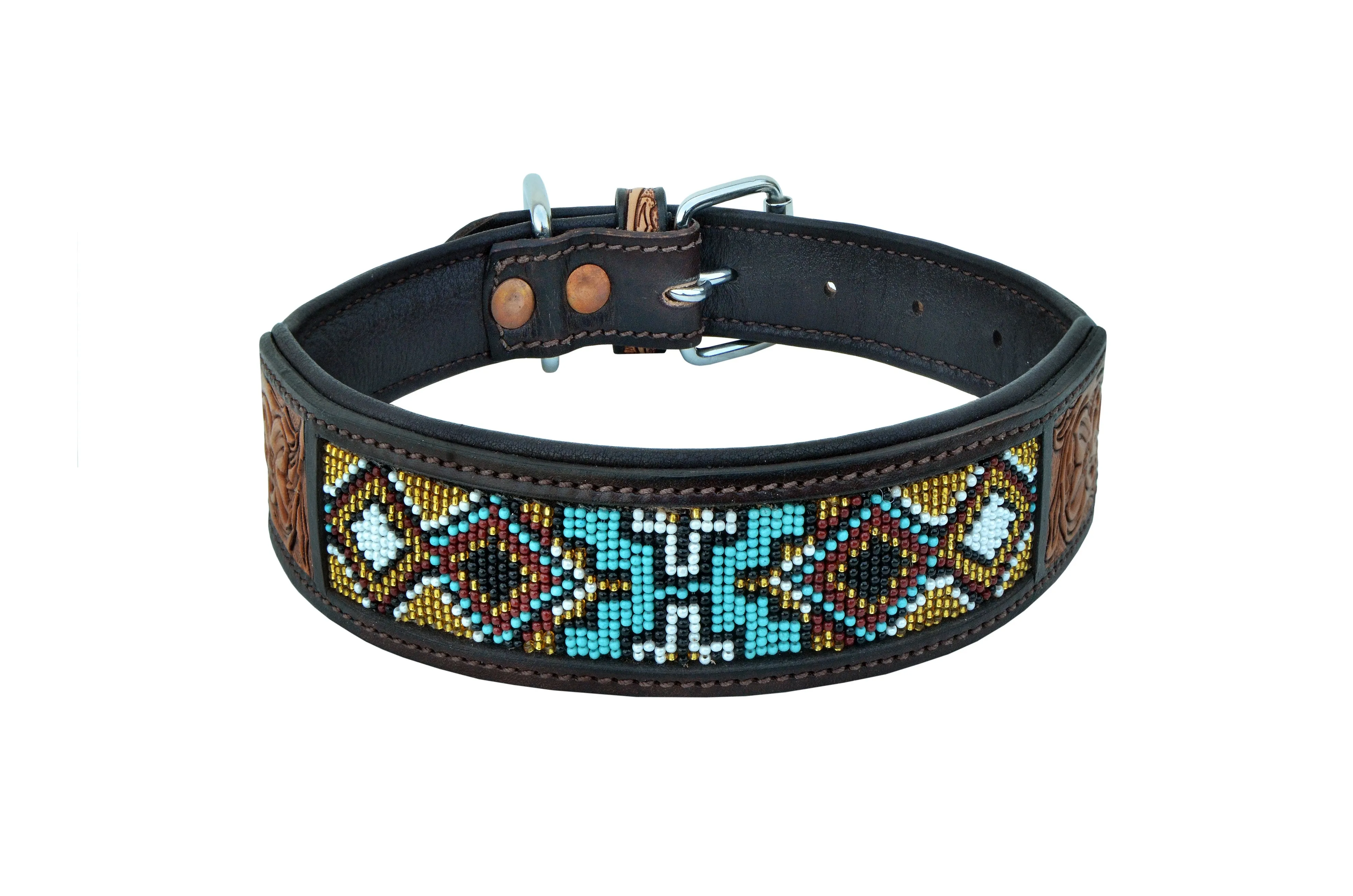 Western Style Beaded and Tooled Leather Dog Collar With Padded Soft Lining 10AB018