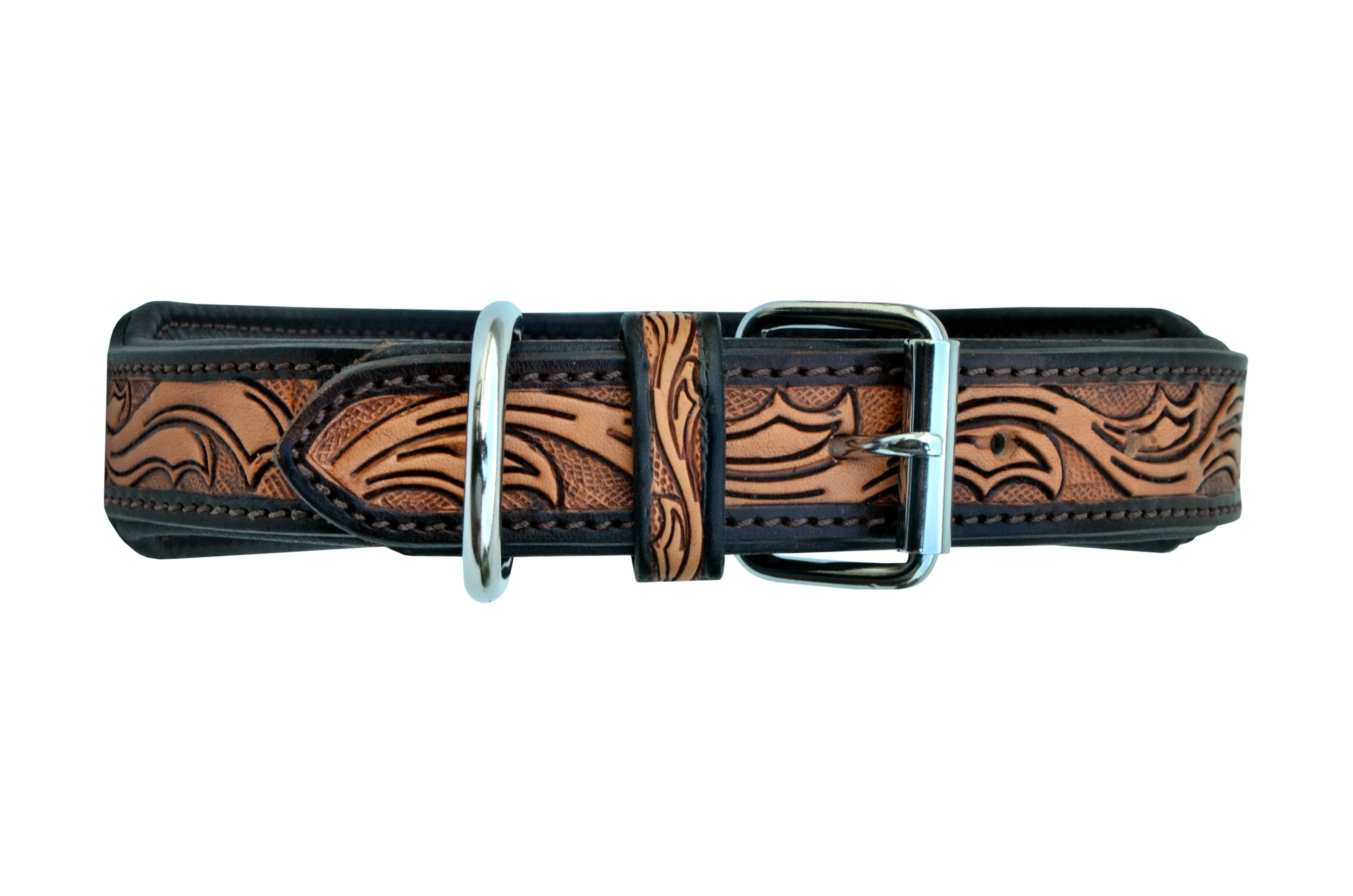 Western Style Beaded and Tooled Leather Dog Collar With Padded Soft Lining 10AB018