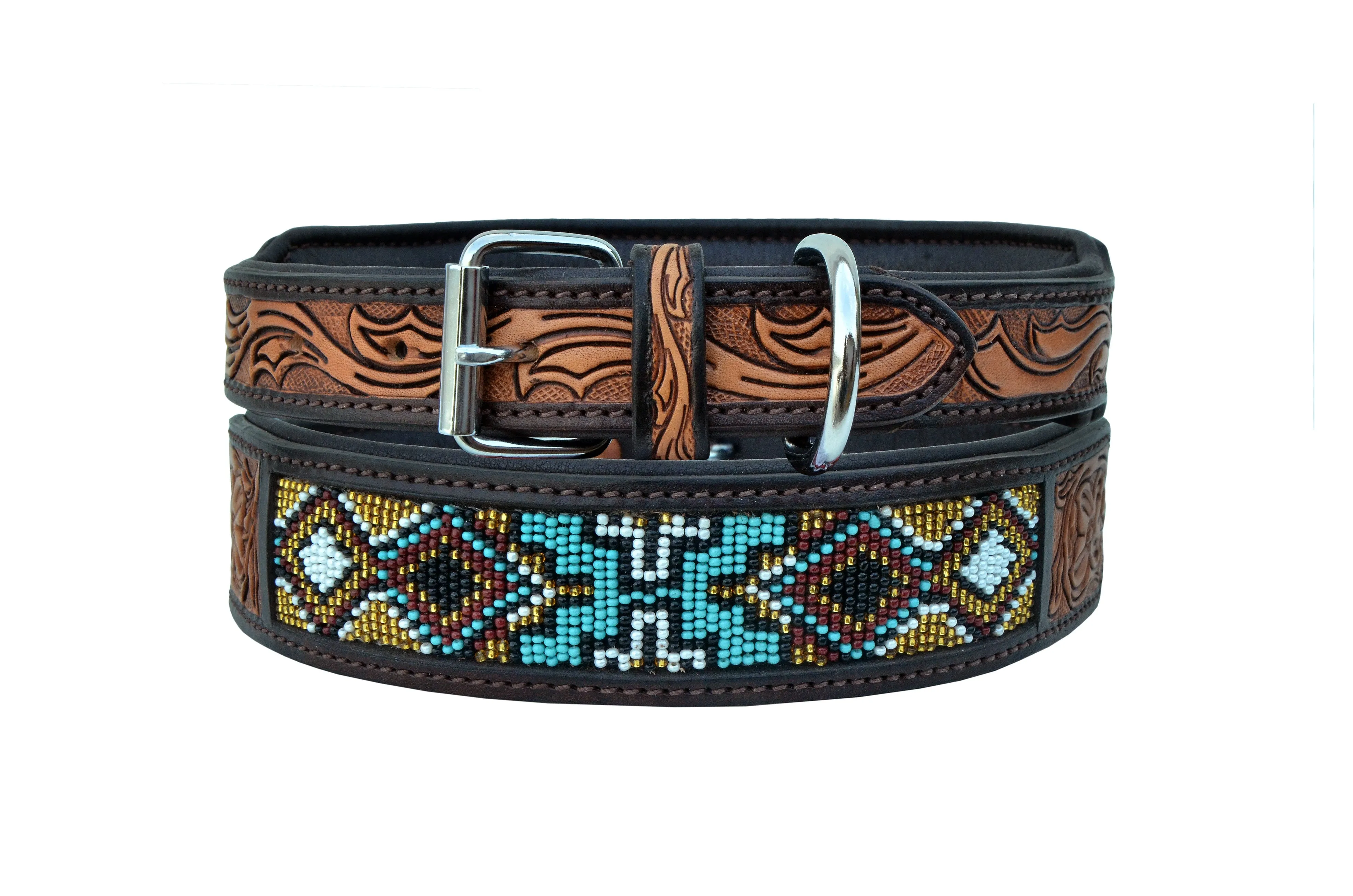 Western Style Beaded and Tooled Leather Dog Collar With Padded Soft Lining 10AB018