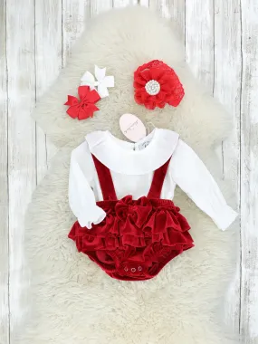 White Top & Ruby Velvet Ruffle Overall Set