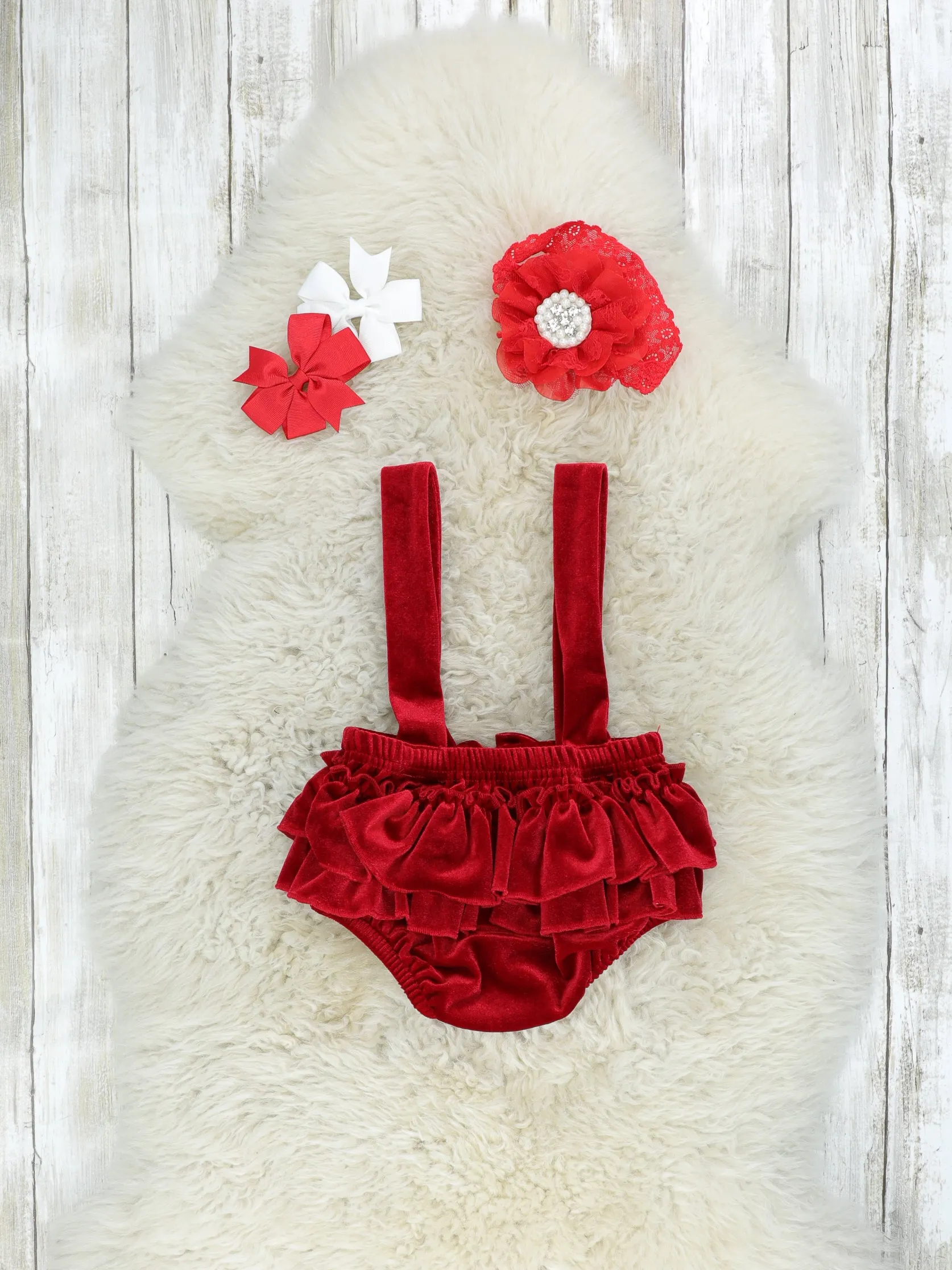 White Top & Ruby Velvet Ruffle Overall Set