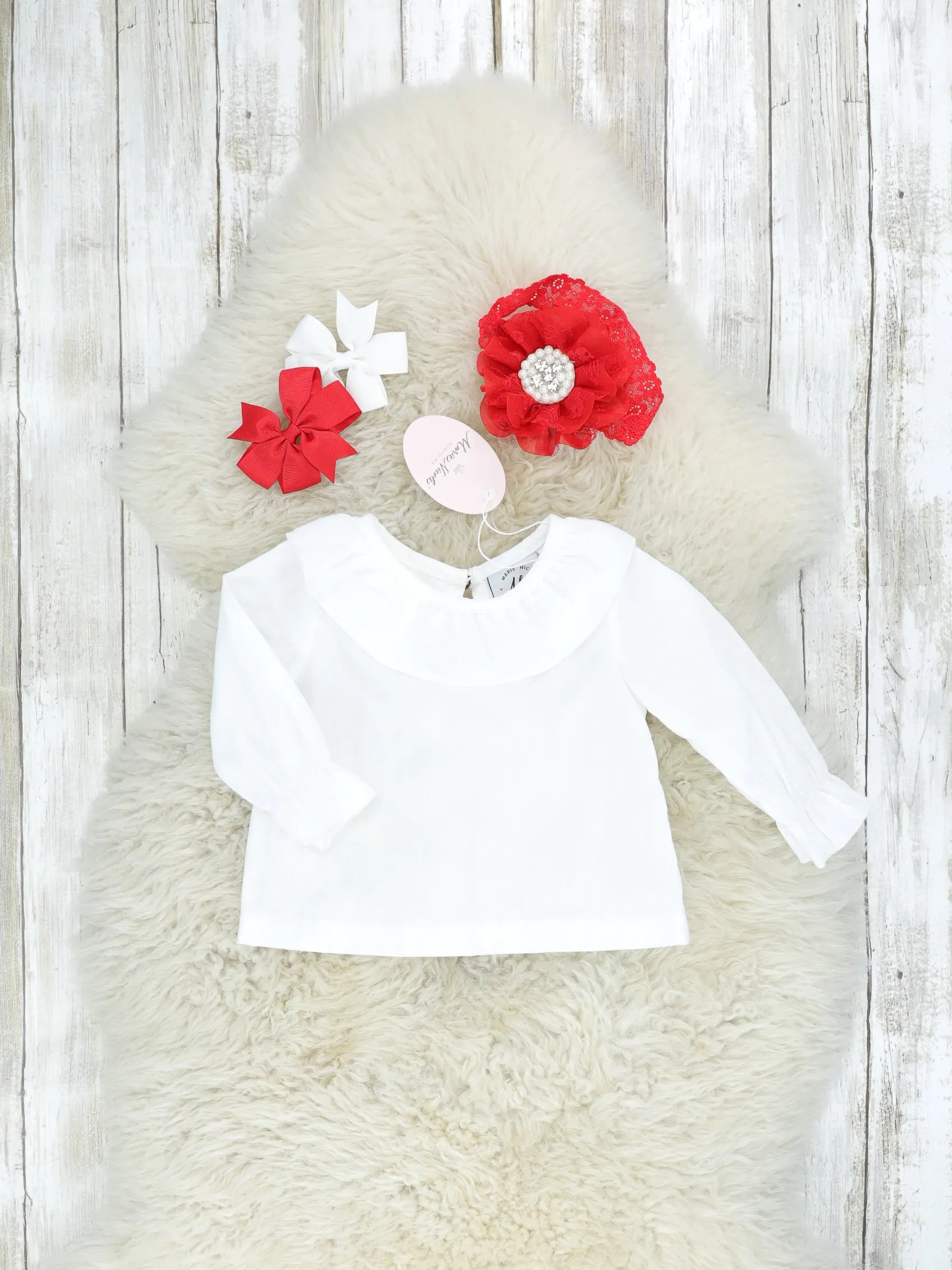 White Top & Ruby Velvet Ruffle Overall Set