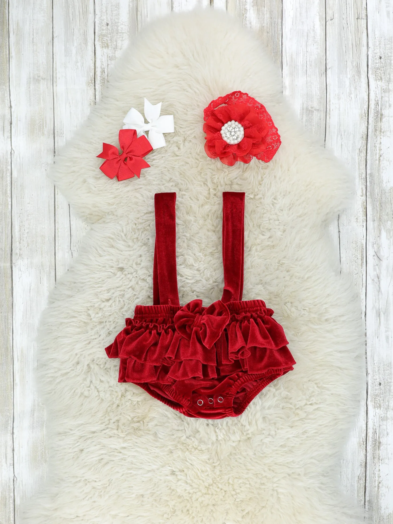 White Top & Ruby Velvet Ruffle Overall Set