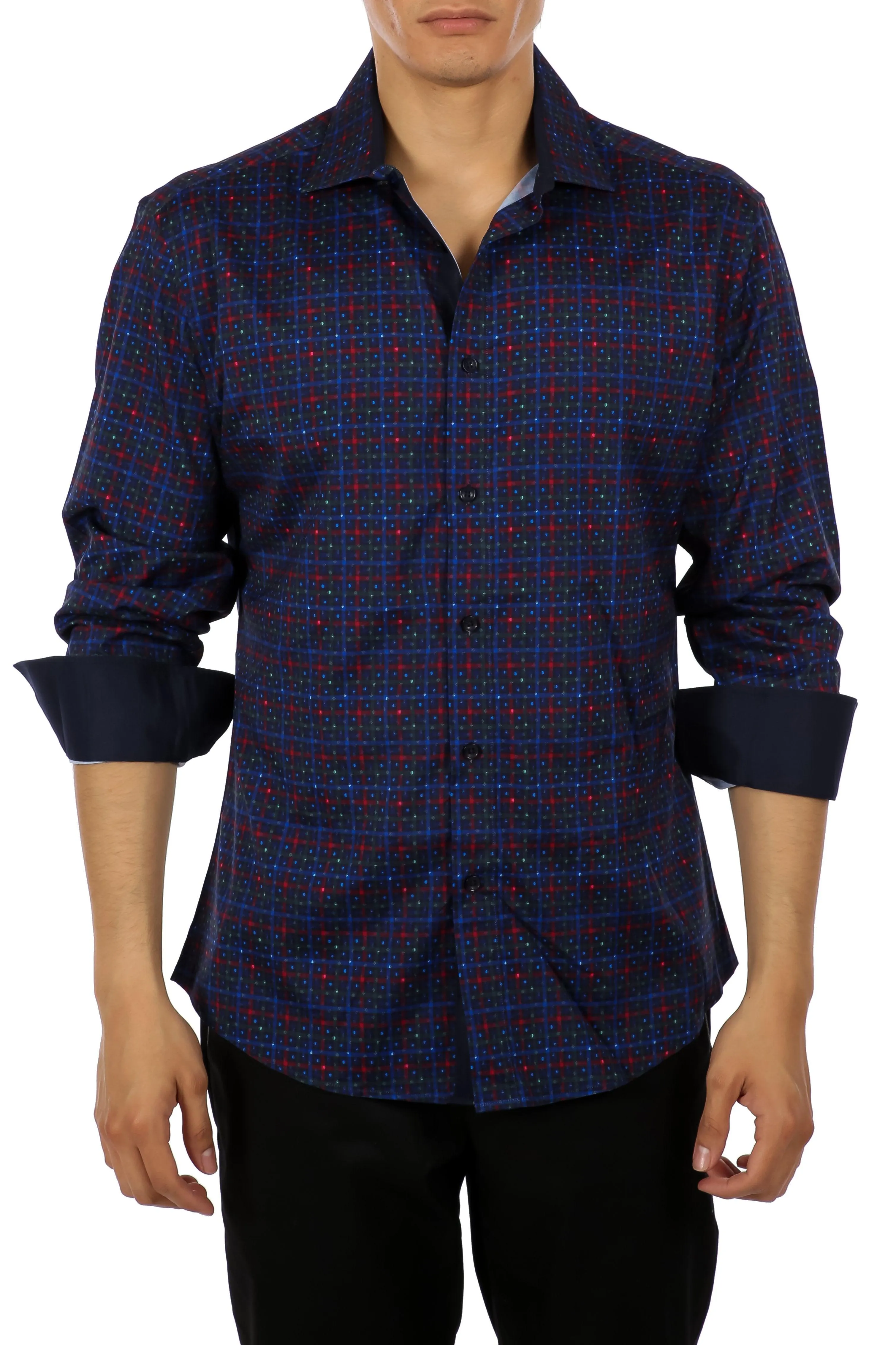 Windowpane Plaid Dotted Long Sleeve Dress Shirt Navy