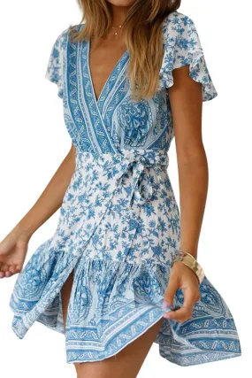 Women Short Sleeve Printed V-Neck Summer Dress - C12754