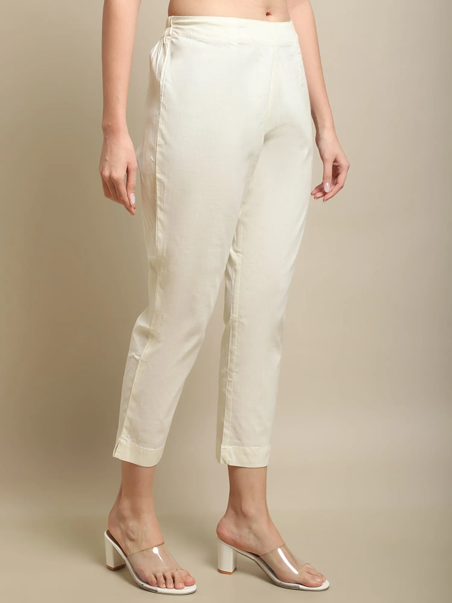 Women's  Regular Fit Ivory Flat Front Mid rise Pants