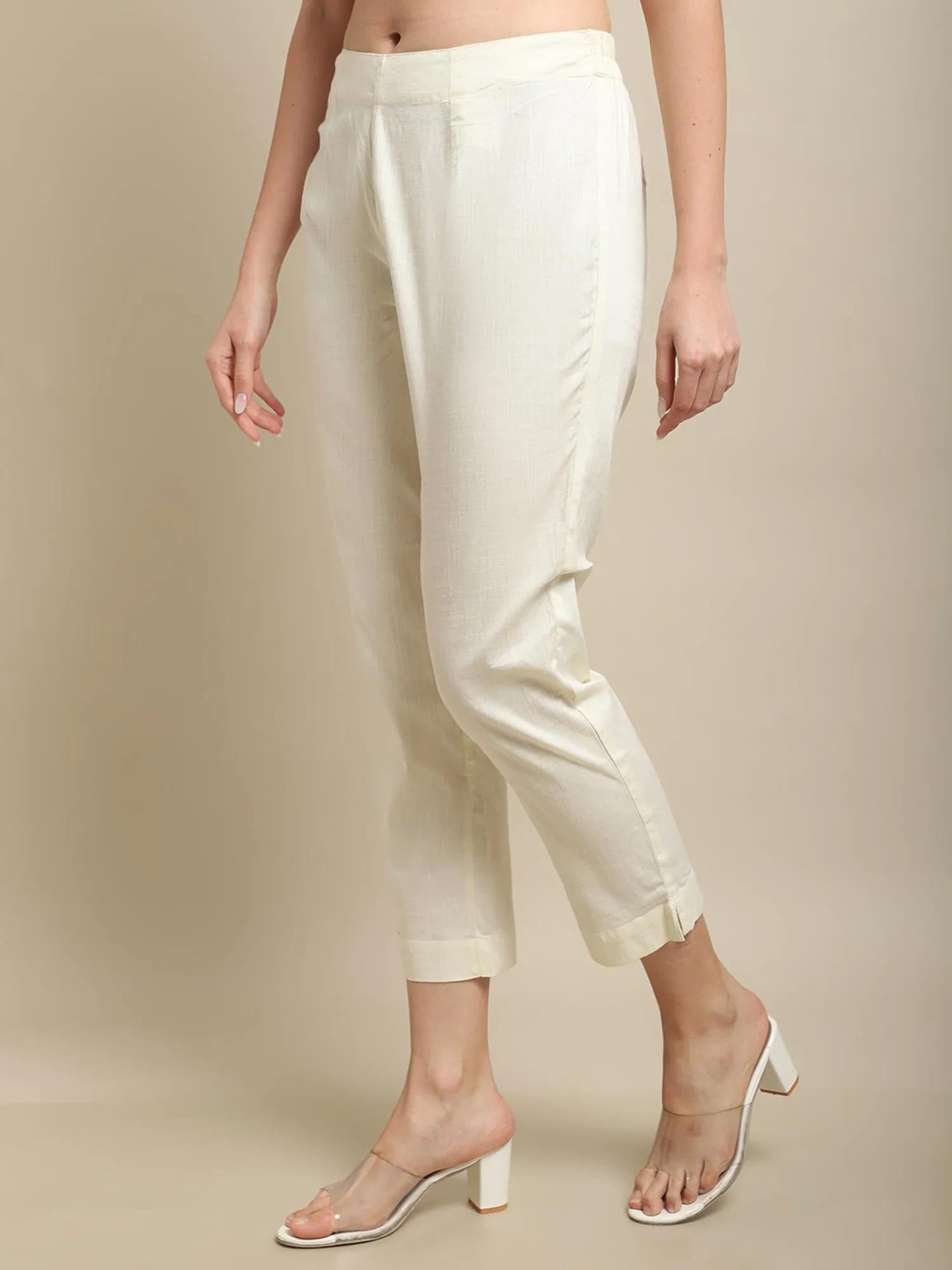 Women's  Regular Fit Ivory Flat Front Mid rise Pants