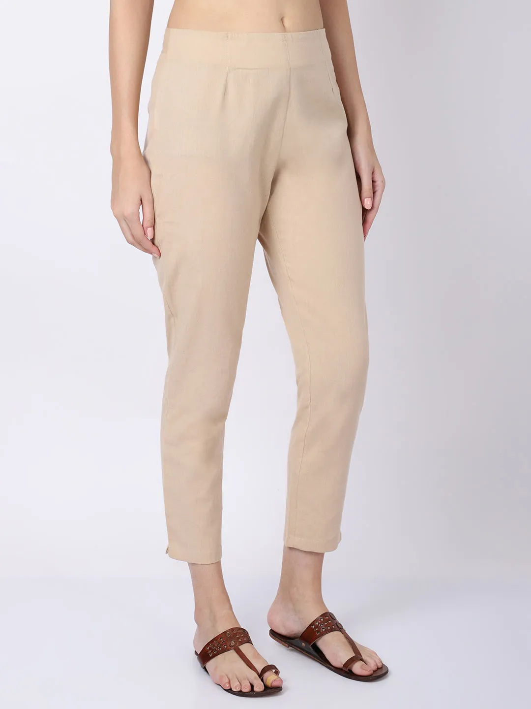 Women's Regular Regular Fit Beige Flat Front Mid rise Ethnic Pant