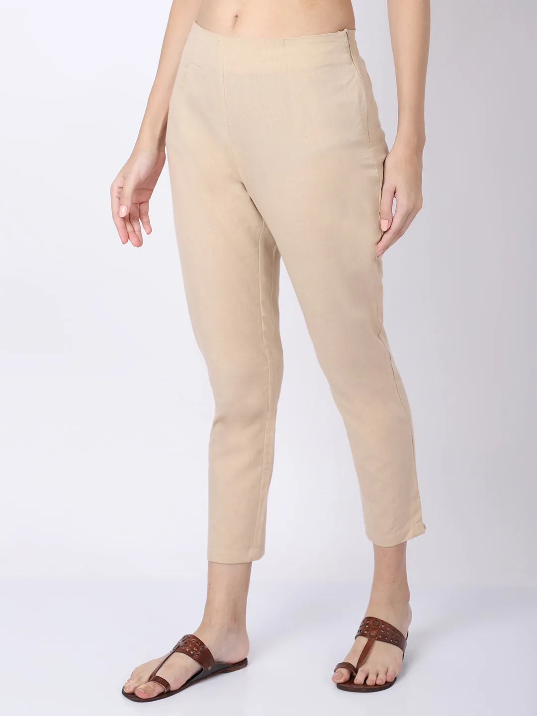 Women's Regular Regular Fit Beige Flat Front Mid rise Ethnic Pant