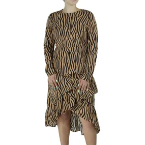 Women's Zebra Print Ruffle Midi Dress,Black/Beige