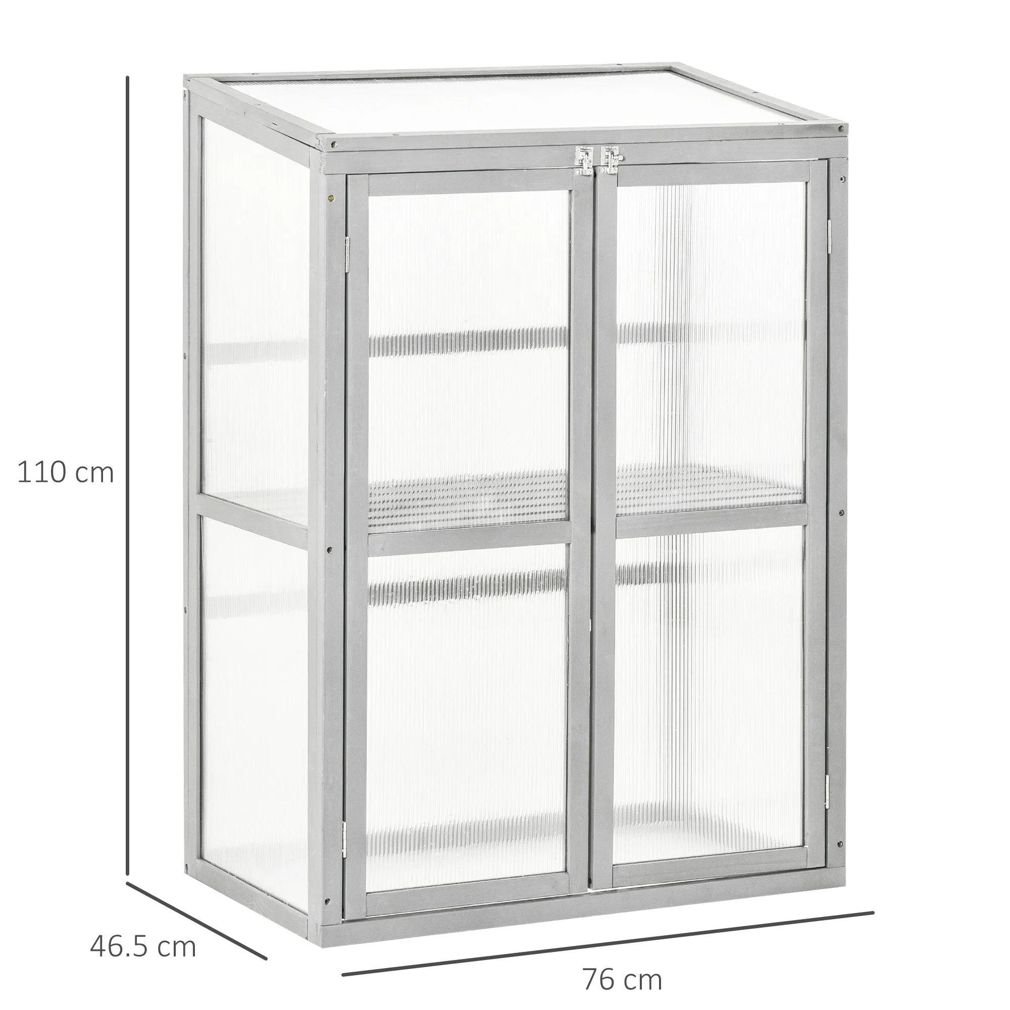 Wooden Cold Frame Greenhouse Garden Polycarbonate Grow House w/ Adjustable Shelf, Double Doors, 76 x 47 x 110 cm, Grey