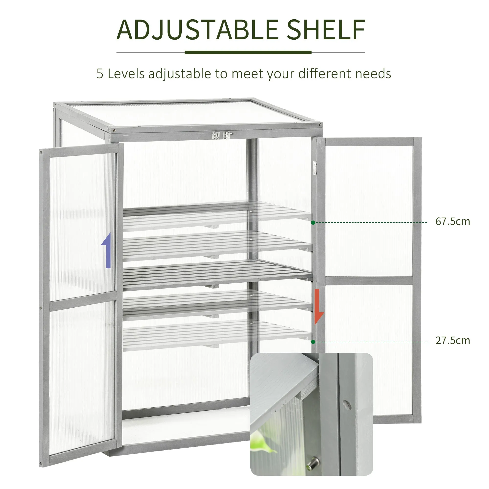 Wooden Cold Frame Greenhouse Garden Polycarbonate Grow House w/ Adjustable Shelf, Double Doors, 76 x 47 x 110 cm, Grey