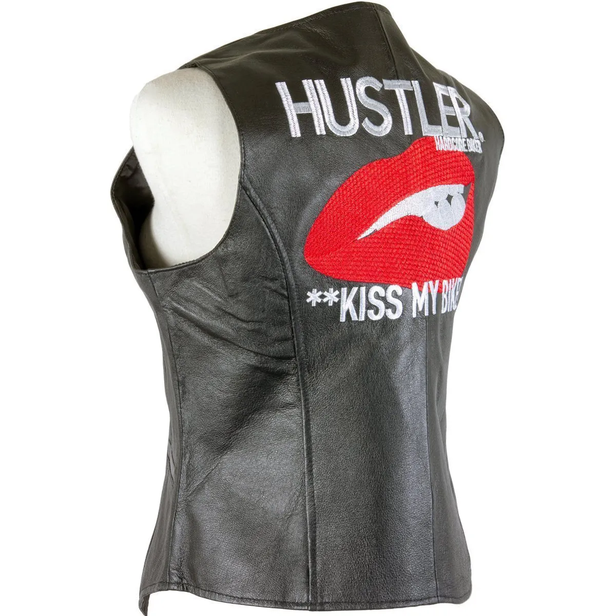 Xelement HSVT 310 Motorcycle Leather Vest For Women - Kiss My Bike - Premium Genuine Ladies Biker Club Gilet