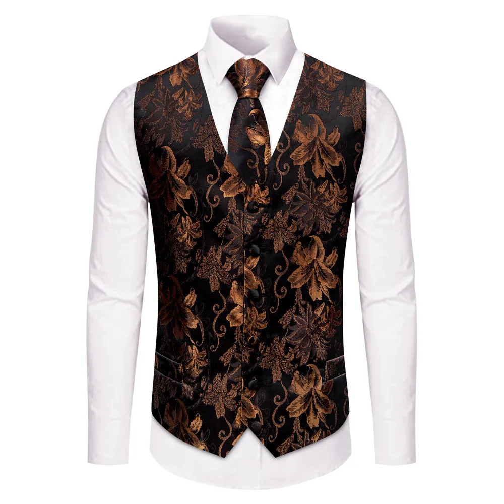 YourTies Black Brown V-Neck Waistcoat Mens Floral Vest Necktie Set