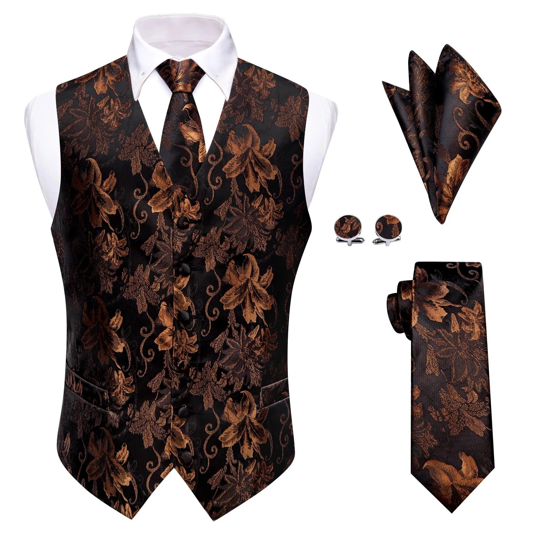 YourTies Black Brown V-Neck Waistcoat Mens Floral Vest Necktie Set